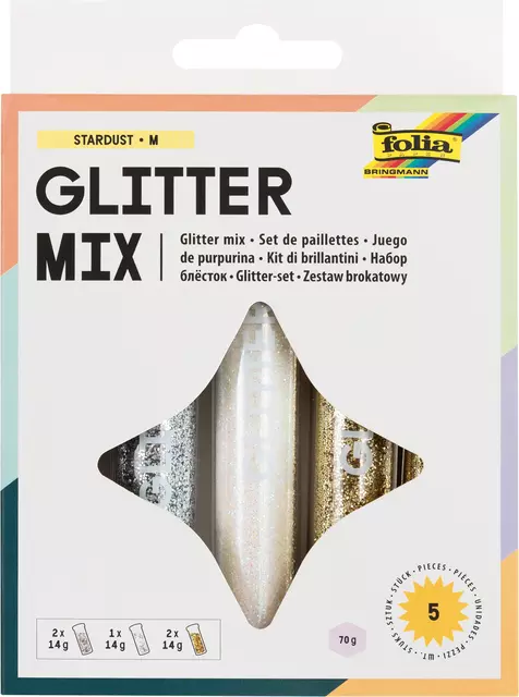 Een Glitterpoeder Folia 14gram Stardust 5 stuks 3 kleuren koop je bij Unimark Office B.V.