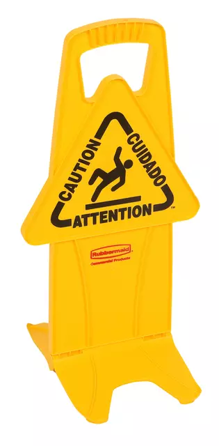 Waarschuwingsbord Rubbermaid tweezijdig meertalig met voet 66cm geel