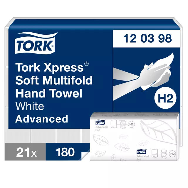 Een Handdoek Tork Xpress® H2 Multifold advanced 2-laags 21x180st wit 120398 koop je bij Van Hoye Kantoor BV