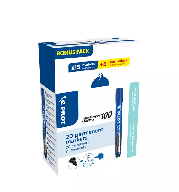 Een Viltstift PILOT 100 rond fijn blauw doos à 15+5 gratis koop je bij NiceSupplies.nl