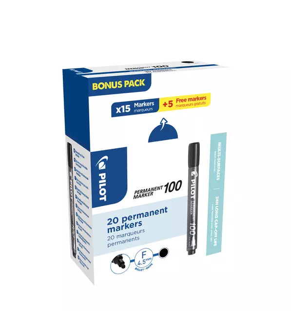 Een Viltstift PILOT 100 rond fijn zwart doos à 15+5 gratis koop je bij NiceSupplies.nl