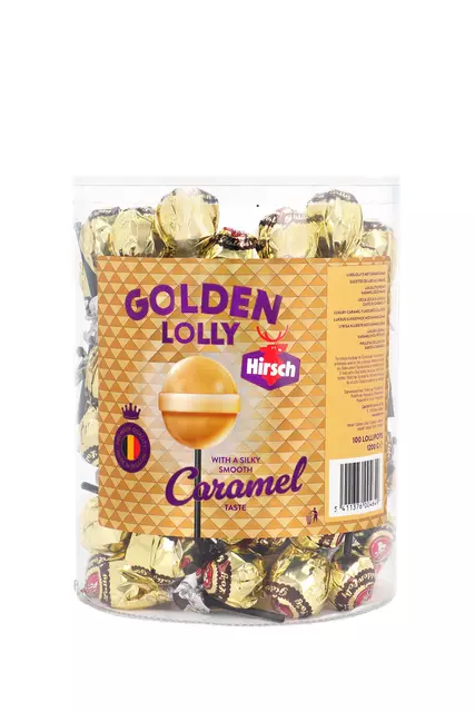 Een Lolly Hirsch golden caramel 100x12 gram koop je bij Van Leeuwen Boeken- en kantoorartikelen