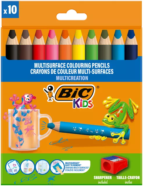 Een Crayon de couleur BIC Kids Multi-surface inclus taille-crayon assorti paquet 10 pièces koop je bij Van Hoye Kantoor BV