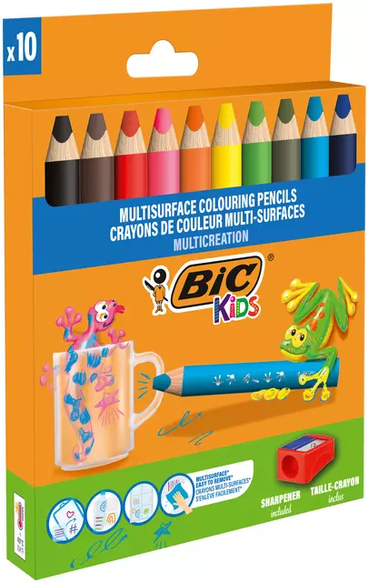 Een Kleurpotloden BicKids Multi Surface inclusief puntenslijper assorti pak à 10 stuks koop je bij Van Leeuwen Boeken- en kantoorartikelen