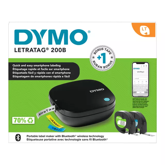 Een Labelprinter Dymo LetraTag 200B draagbaar bluetooth 12mm zwart promopack koop je bij MV Kantoortechniek B.V.