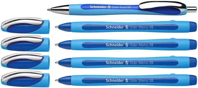 Een Balpen Schneider Slider Memo XB blauw set à 4 stuks + 1 gratis Slider balpen koop je bij Van Leeuwen Boeken- en kantoorartikelen