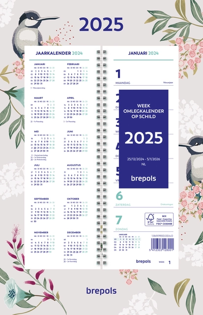 Weekkalender 2025 Brepols 190x130 7dagen/1pagina spiraal Fantasie assorti