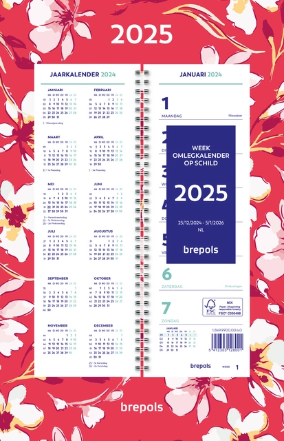 Weekkalender 2025 Brepols 190x130 7dagen/1pagina spiraal Fantasie assorti