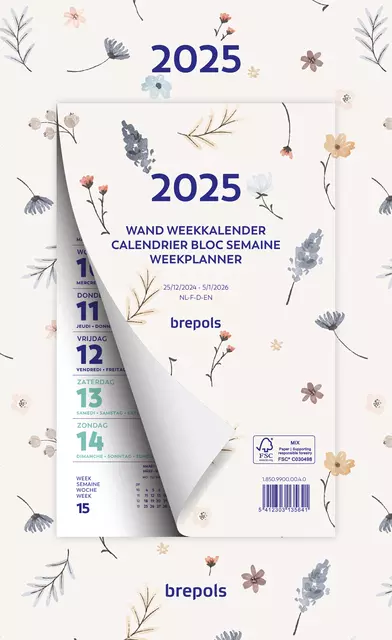 Weekkalender 2025 Brepols 190x130 7dagen/1pagina Fantasie assorti