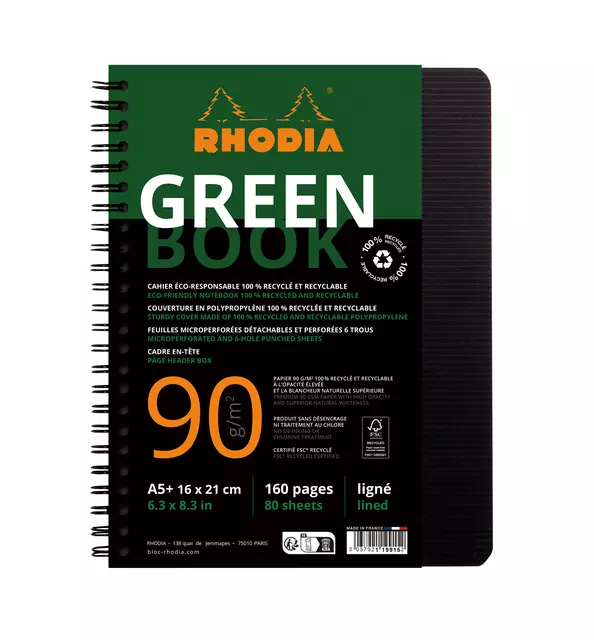 Een Notitieboek Rhodia Greenbook A5 lijn 6-gaats 180 pagina's 90gr zwart koop je bij KantoorProfi België BV