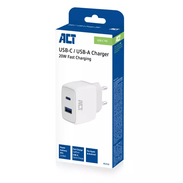 Oplader act 20w 2-poorts usb a+c wit