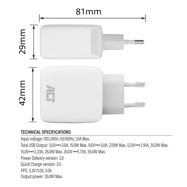 Oplader act 35w 1-poort usb c wit