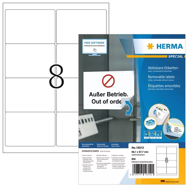 Een Etiket HERMA 10312 99.1x67.7mm verwijderbaar wit 800 etiketten koop je bij KantoorProfi België BV