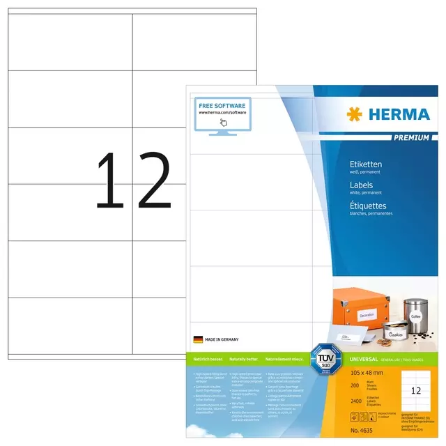 Een Etiket HERMA 4635 105x48mm Premium wit 2400 etiketten koop je bij KantoorProfi België BV