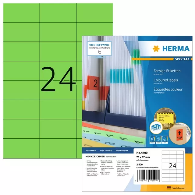 Een Etiket HERMA 4409 70x37mm groen 2400 etiketten koop je bij Van Hoye Kantoor BV