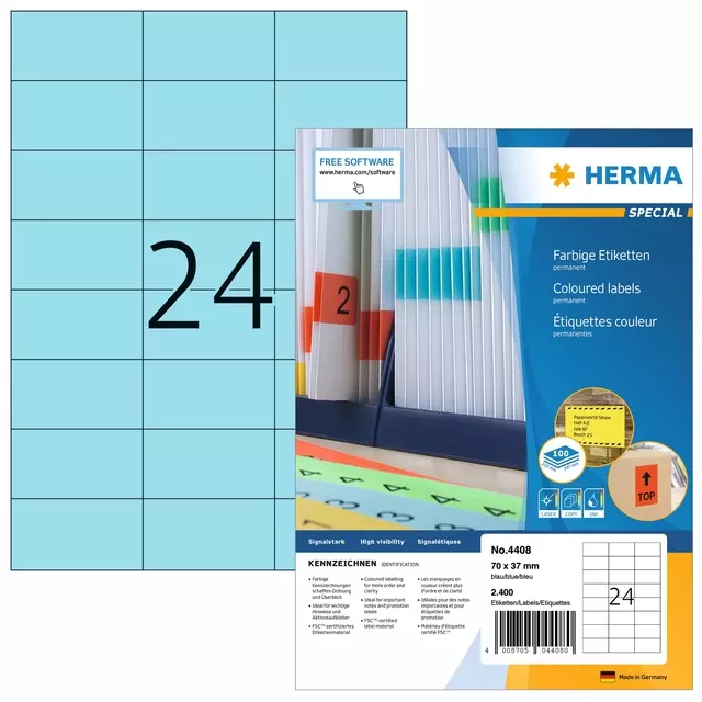 Een Etiket HERMA 4408 70x37mm blauw 2400 etiketten koop je bij KantoorProfi België BV