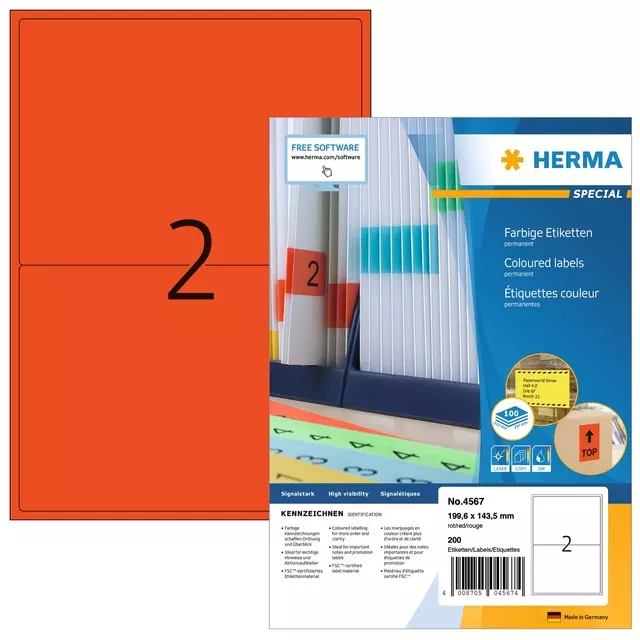 Een Etiket HERMA 4567 199.5x143.5mm rood 200 etiketten koop je bij KantoorProfi België BV