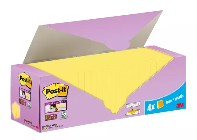 Een Memoblok 3M Post-it 654-SSCY Super Sticky 76x76mm geel voordeelpak koop je bij Van Leeuwen Boeken- en kantoorartikelen