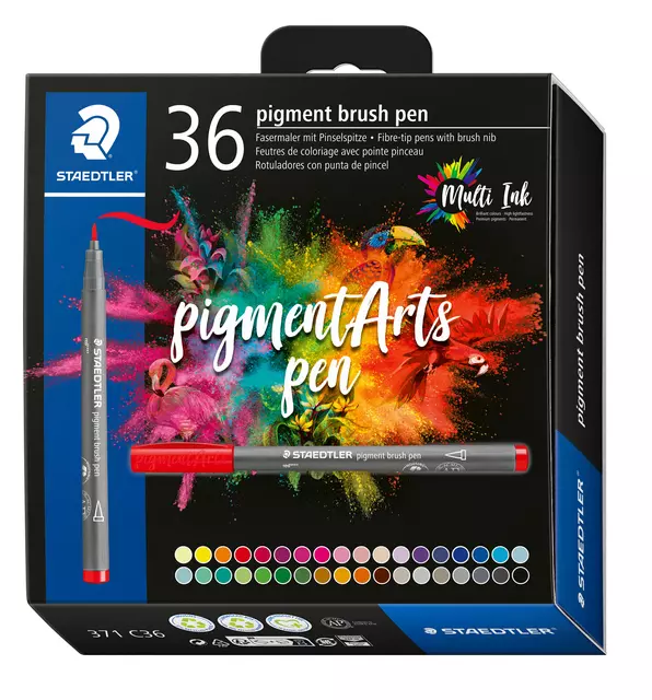 Een Brushpen Staedtler PigmentArts set à 36 kleuren koop je bij MV Kantoortechniek B.V.