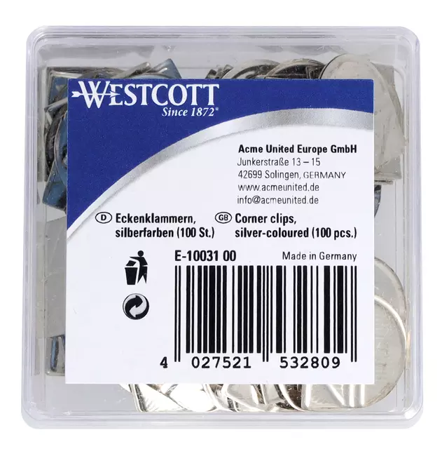 Hoekclips Westcott aluminium zilverkleurig doos à 100 stuks