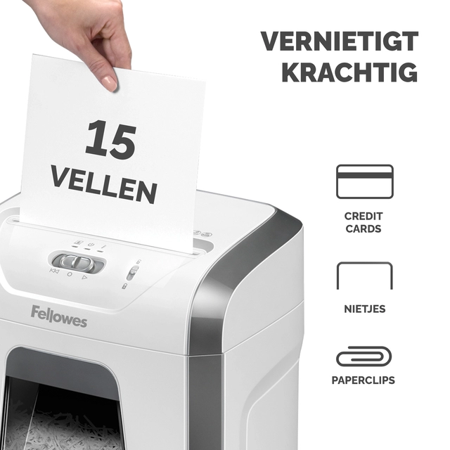 Een Papiervernietiger Fellowes Powershred 15C snippers 4x40mm wit koop je bij Van Hoye Kantoor BV