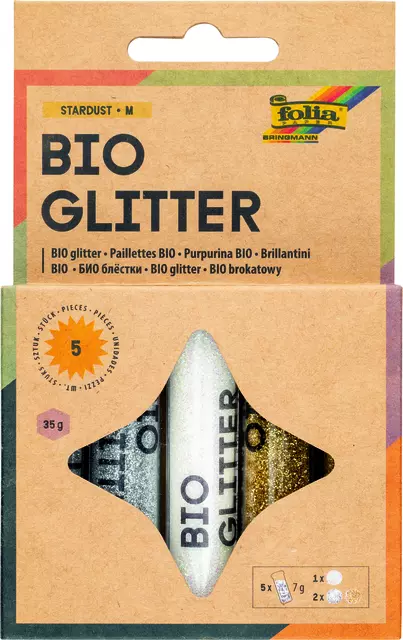Een Glitterpoeder Bio Folia Stardust 7gr 5 stuks 3 kleuren koop je bij MV Kantoortechniek B.V.
