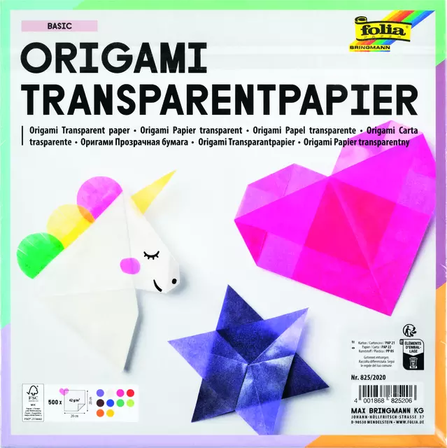 Origami papier Folia 20x20cm transparant 42gr 500 vel in 10 kleuren