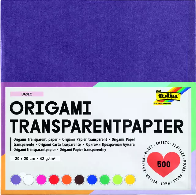 Een Origami papier Folia 20x20cm transparant 42gr 500 vel in 10 kleuren koop je bij Van Hoye Kantoor BV