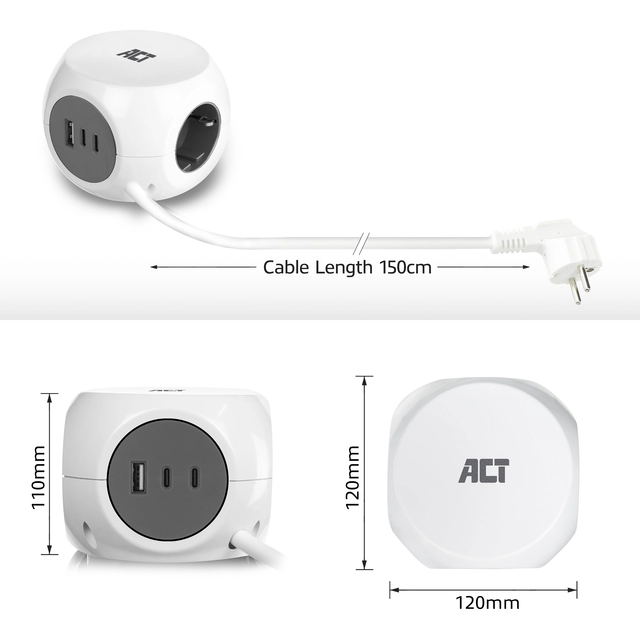 Een Stekkerblok ACT 3 voudig inclusief 2x USB C/A 1.5 meter wit/grijs koop je bij KantoorProfi België BV