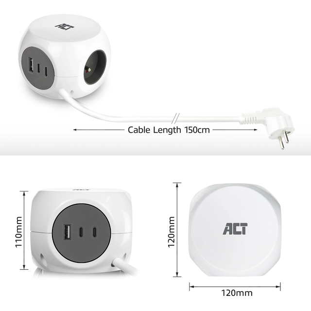 Een Stekkerblok ACT 3 voudig inclusief 2x USB C/A 1.5 meter wit/grijs FR/BE koop je bij KantoorProfi België BV