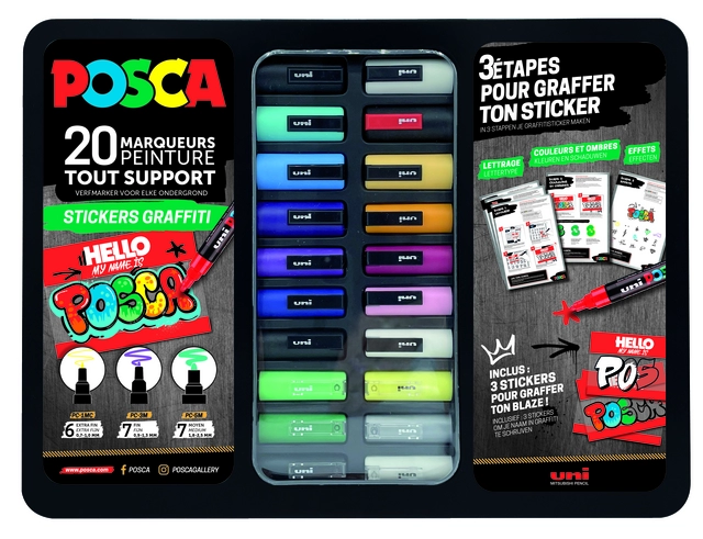 Een Verfstift Posca Sticker Graffiti assorti metalen koffer à 20 stuks koop je bij Kantoorvakhandel van der Heijde