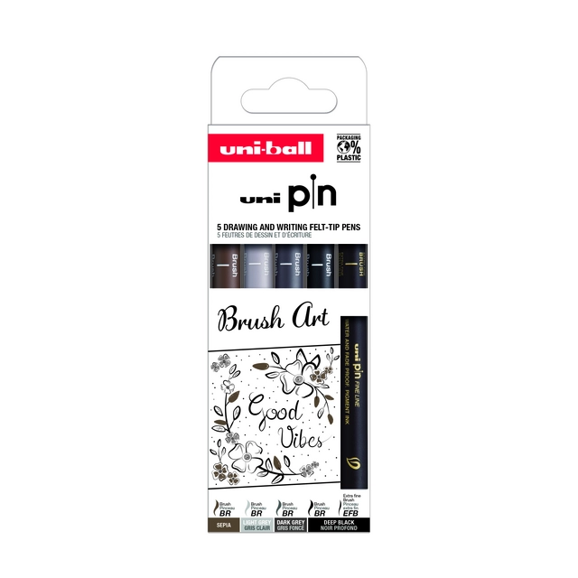 Een Fineliner Uni-ball Pin Brush Art set à 5 stuks assorti koop je bij QuickOffice BV