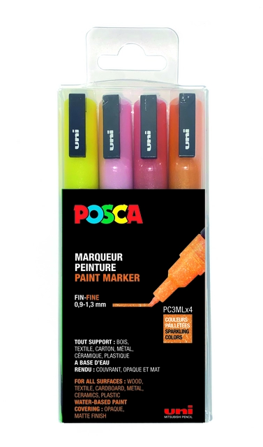 Een Verfstift Posca PC3M fijn glitter warm assorti set à 4 stuks koop je bij Klik Office BV