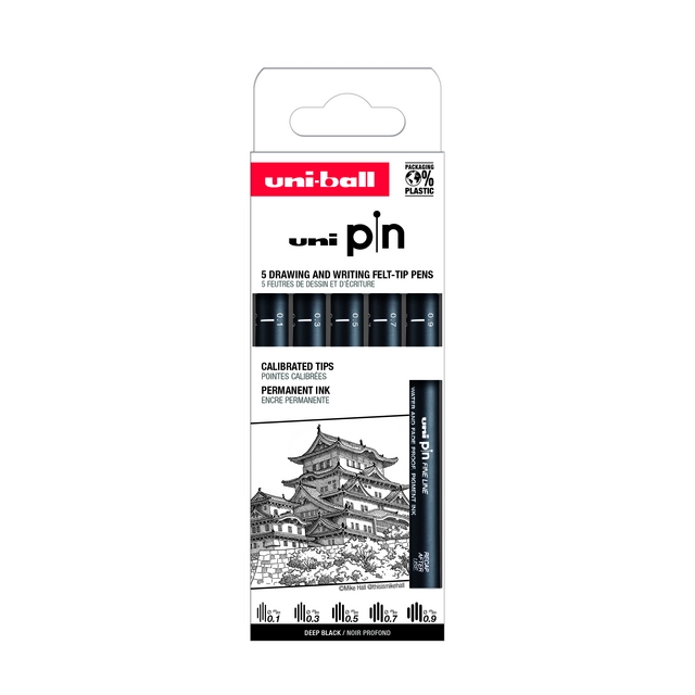 Een Fineliner Uni-ball Pin ASP008 set à 5 breedtes zwart koop je bij QuickOffice BV