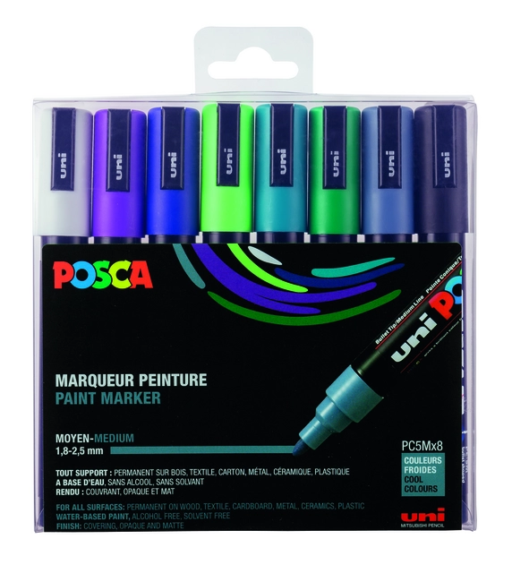 Een Verfstift Posca PC5M medium koel assorti set à 8 stuks koop je bij Klik Office BV