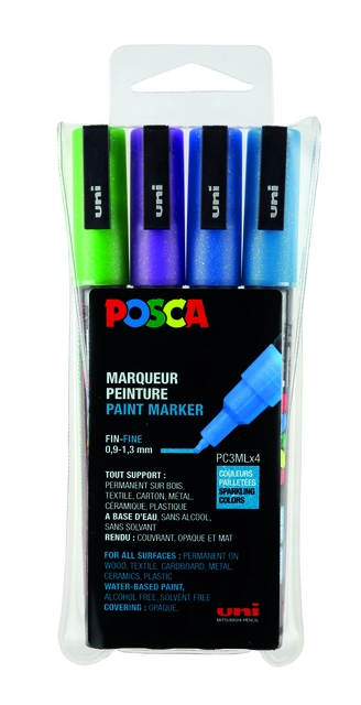 Een Verfstift Posca PC3M fijn glitter koel assorti set à 4 stuks koop je bij Omnia 4 Office