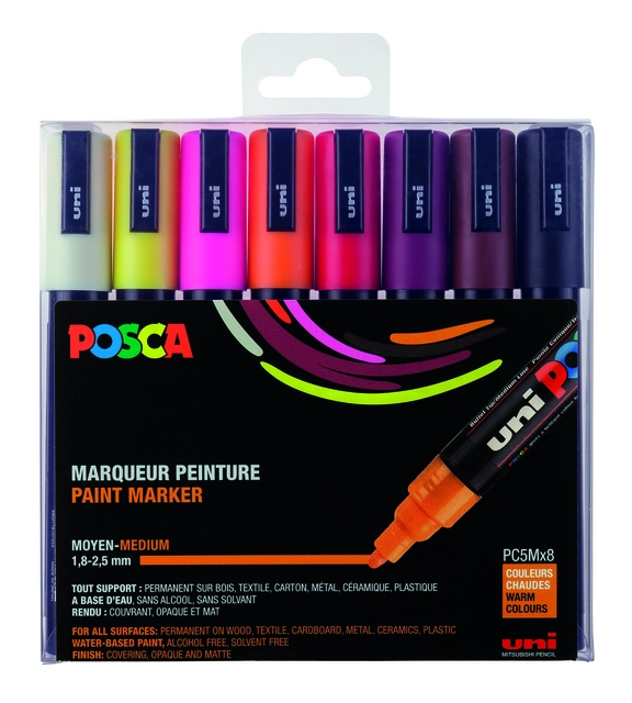 Een Marqueur peinture Posca PC5M Medium Couleurs chaudes set 8 pièces jaune fluo koop je bij QuickOffice BV