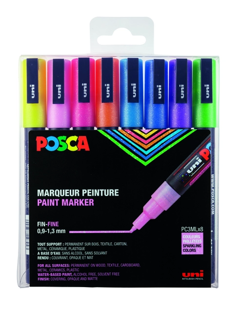 Een Verfstift Posca PC3M fijn glitter pastel assorti set a 8 stuks koop je bij MV Kantoortechniek B.V.