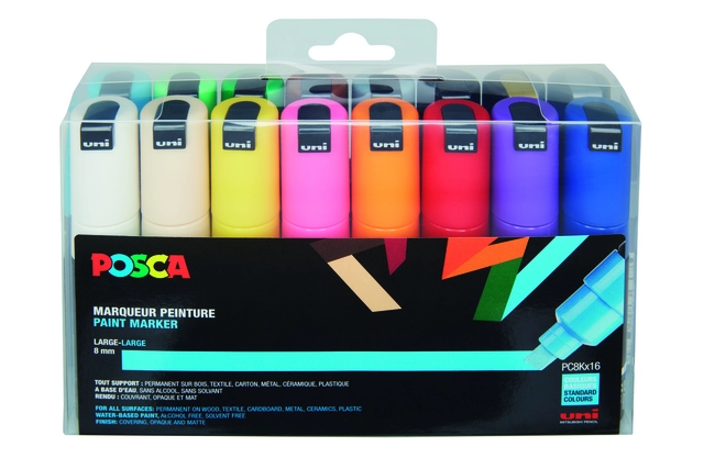 Een Verfstift Posca PC8K breed schuin assorti set à 16 stuks koop je bij KantoorProfi België BV