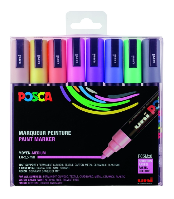 Een Verfstift Posca PC5M medium pastel assorti set à 8 stuks koop je bij Klik Office BV