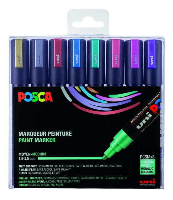 Een Verfstift Posca PC5M medium metallic assorti set à 8 stuks koop je bij Kantoorvakhandel van der Heijde