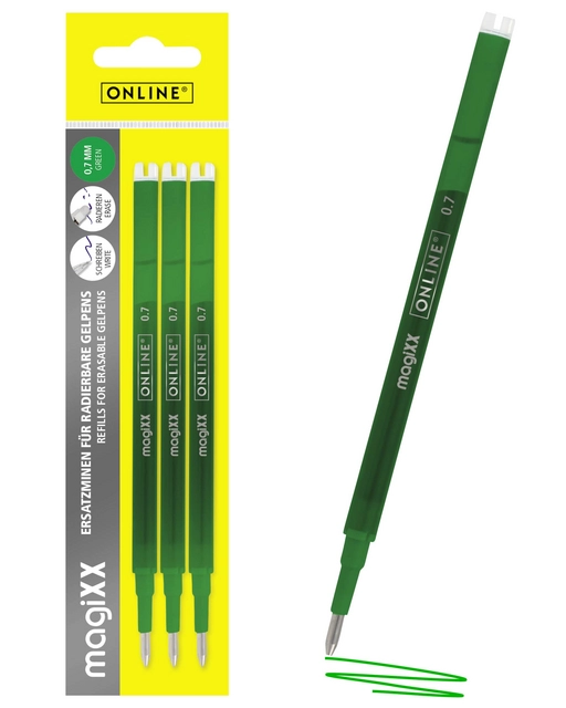 Een Gelschrijvervulling Online Magixx 0.7mm groen blister à 3 stuks koop je bij Unimark Office B.V.