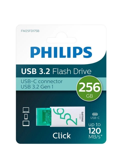 Een USB Stick Philips Click USB-C 256GB Spring Green koop je bij KantoorProfi België BV