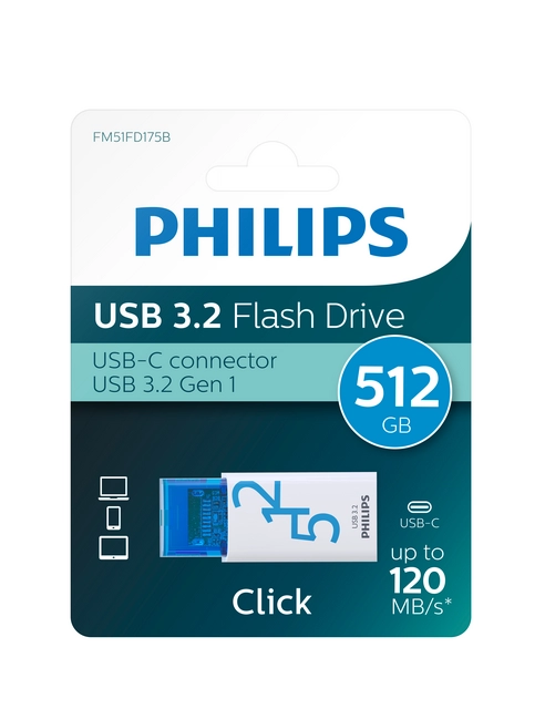 Een USB Stick Philips Click USB-C 512GB Ocean Blue koop je bij MV Kantoortechniek B.V.