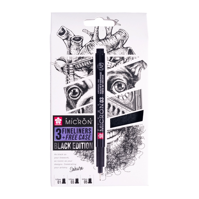 Een Fineliner Sakura Pigma Micron Edition Black set 3 largeurs + étui gratuit koop je bij QuickOffice BV