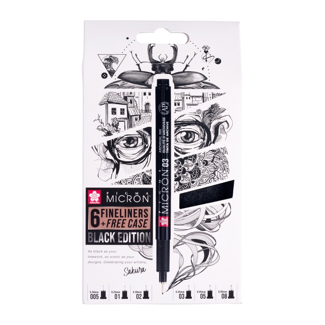 Een Fineliner Sakura Pigma Micron Black Edition set à 6 breedtes + gratis etui koop je bij The Cartridge Company