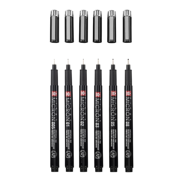 Fineliner Sakura Pigma Micron Black Edition set à 6 breedtes + gratis etui