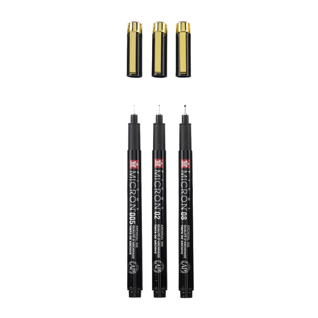 Een Fineliner Sakura Pigma Micron Black & Gold Edition set à 3 breedtes + gratis etui koop je bij Totaal Kantoor Goeree