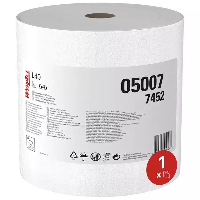 Een Poetsrol WypAll L40 PowerClean 1-laags 31,5cmx232m 750vel wit 7452 koop je bij NiceSupplies.nl