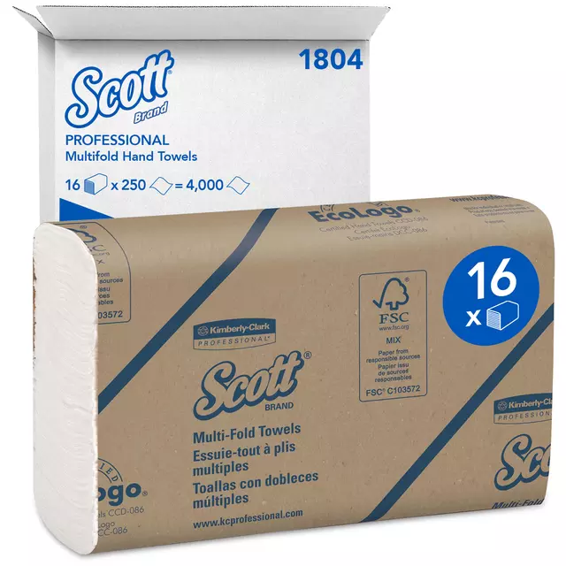 Een Handdoek Scott m-vouw 1-laags 23x23,5cm 16x250stuks wit 1804 koop je bij Klik Office BV